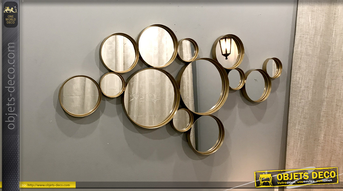 Décoration murale multi-miroirs ronds dorés en métal et  en relief 126 x 66 cm