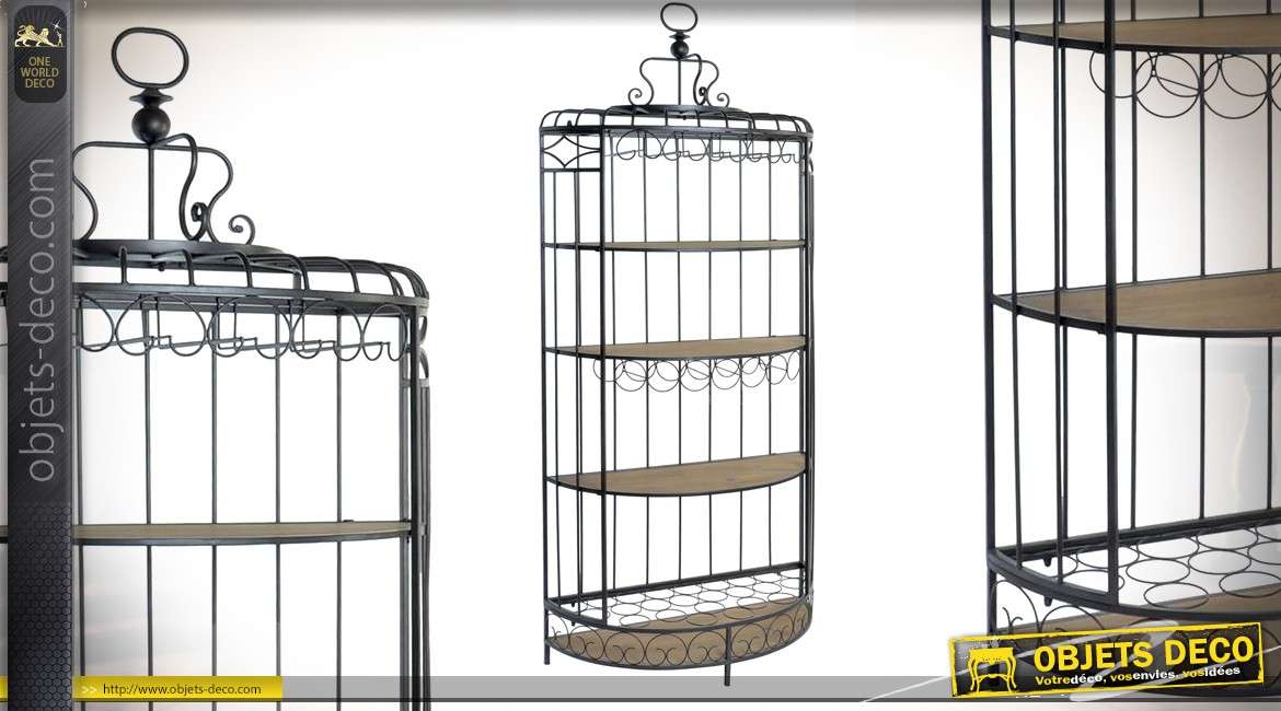 Grande étagère porte bouteilles en forme de grande cage en bois et métal