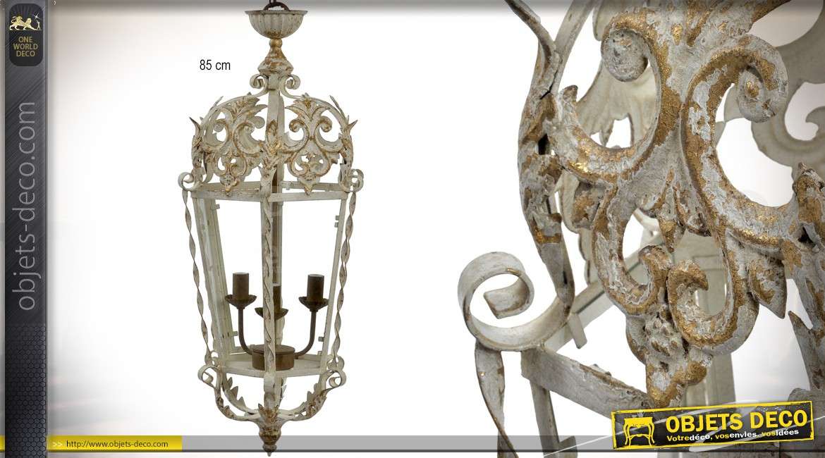 Grande lanterne électrifiée rétro à 3 feux, style baroque patine beige vieillie 85 cm