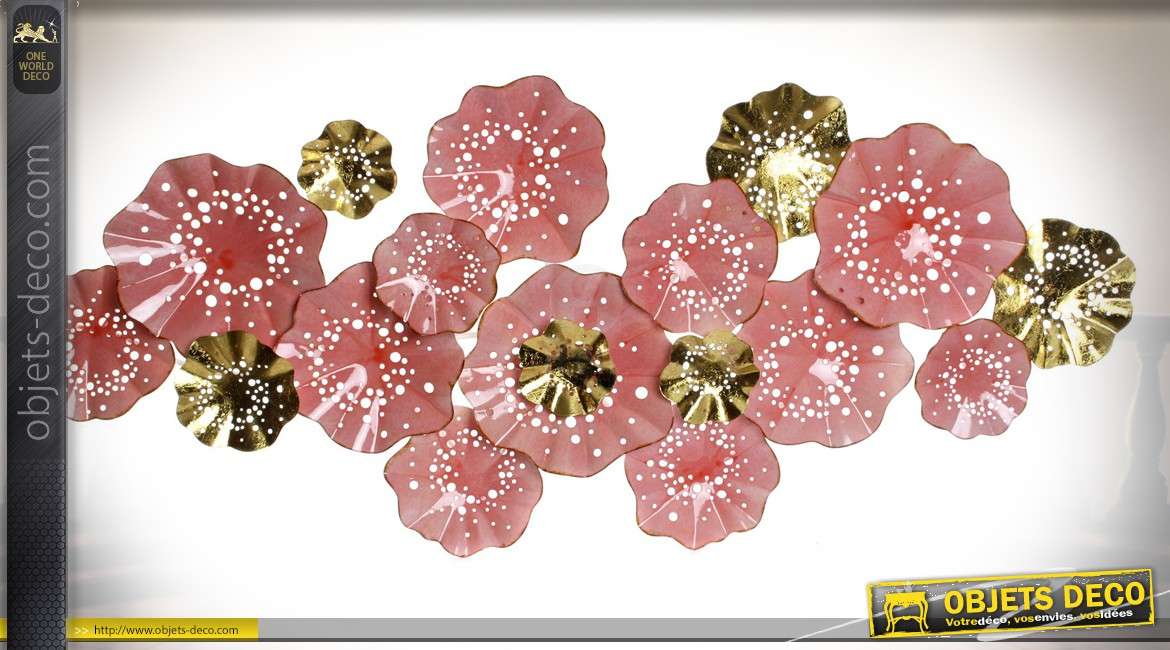 Grande décoration murale en métal fleurs roses et dorées style romantique 163 cm
