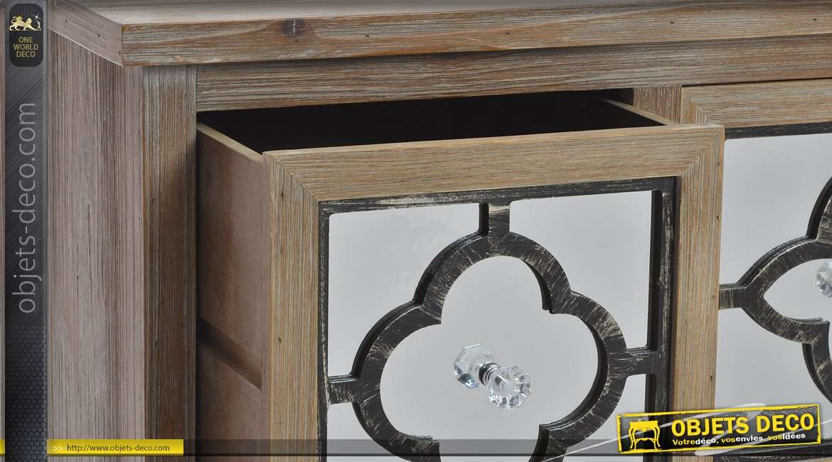 Console rustique chic en bois et métal avec 4 tiroirs à façades en miroir