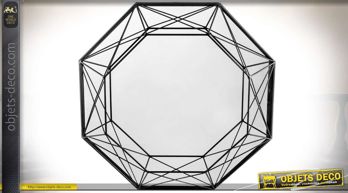 Miroir octogonal motifs géométriques filaires patine noire Ø 55,5 cm