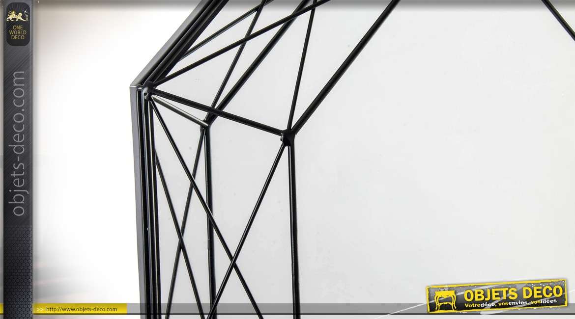 Miroir octogonal motifs géométriques filaires patine noire Ø 55,5 cm