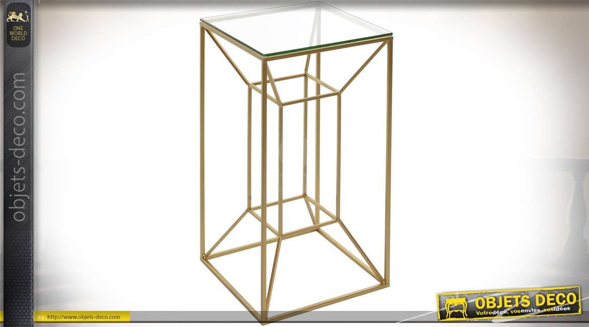 Table sellette carrée design en métal doré et verre 67 cm