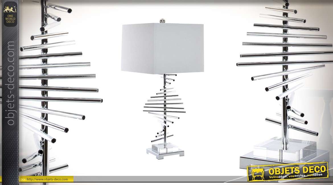 Lampe de table design Collection Precious Lamps en metal chromé et abat jour en lin