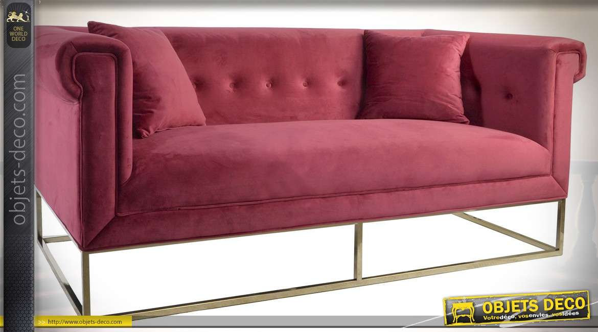 Canapé contemporain design tissu pourpre piètement métal doré 189 cm