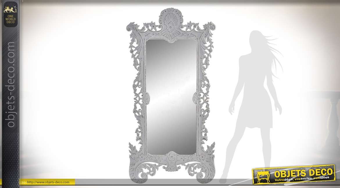 Grand miroir baroque et romantique patine blanche à l'ancienne 180 cm