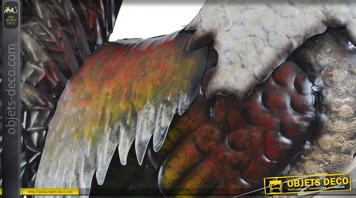 Coq décoratif en métal plumage stylisé multicolore 74 cm