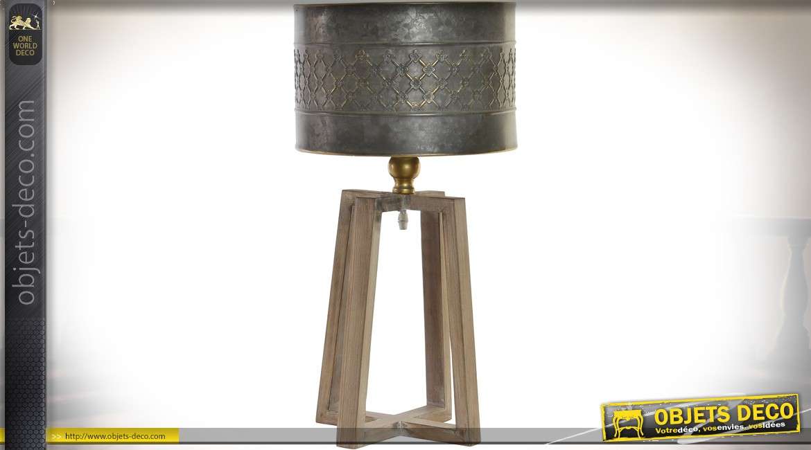 Lampe bois et métal style indus avec abat-jour cylindrique zinc vieilli 58 cm
