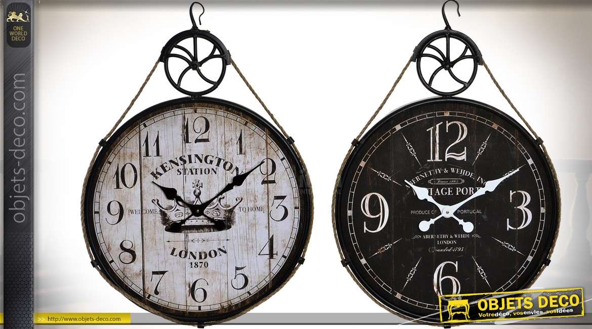 Duo d'horloges rétro et indus. en bois et métal, noir et blanc 71 cm