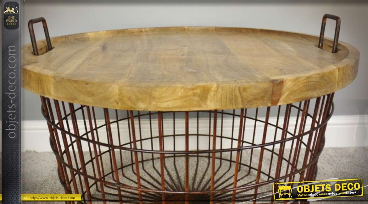 Panier en métal rond table d'appoint en métal et bois Ø 76 cm