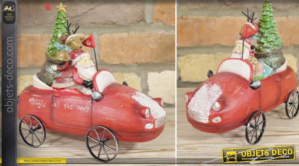 Objet déco de Noël : la voiture rouge du Père-Noël 21 cm