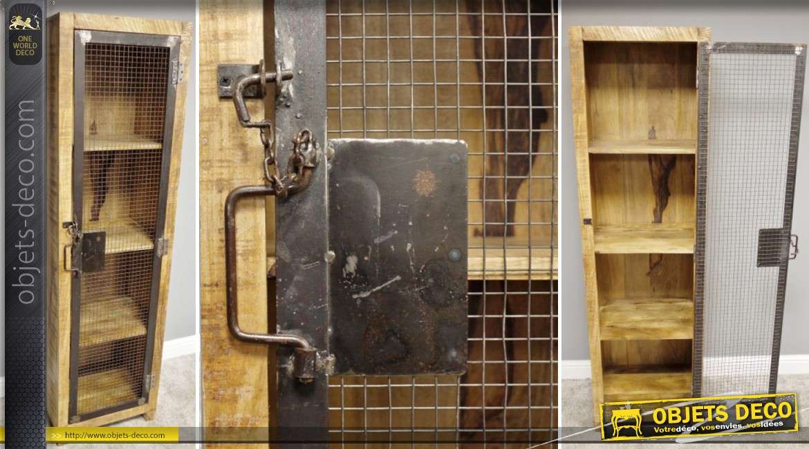 Armoire rustique verticale avec porte en métal grillagée 4 étagères 182 cm