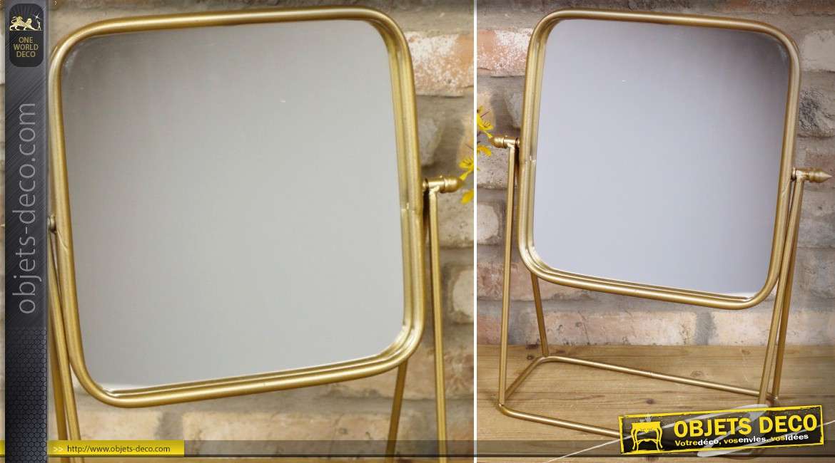 Grand miroir de table en métal doré de style rétro avec glace carrée 46 cm