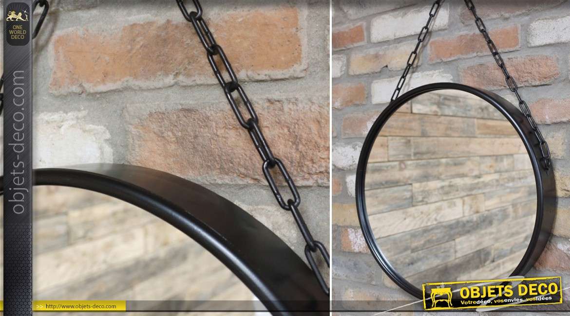 Miroir rond suspendu en métal noir et chaîne de suspension Ø 46 cm