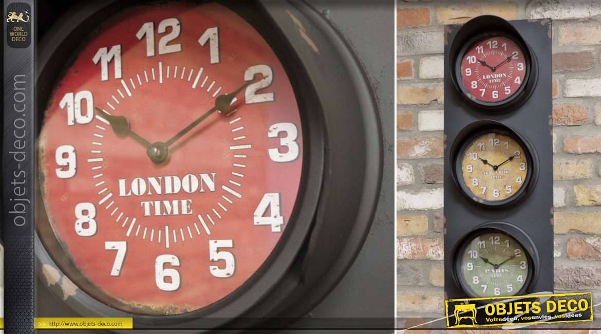 Horloge à 3 cadrans en forme de feux tricolores ferroviaires 82 cm