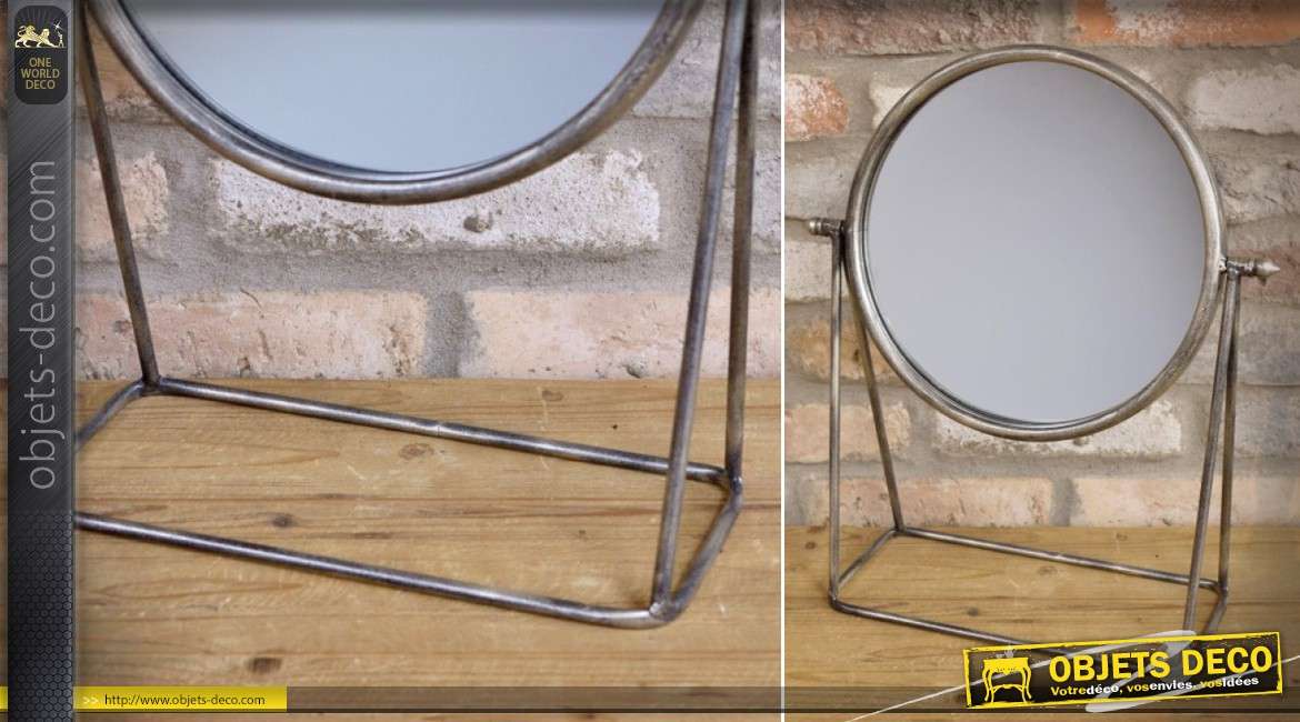 Grand miroir de table rond sur trépied finition argentée vieillie 47 cm