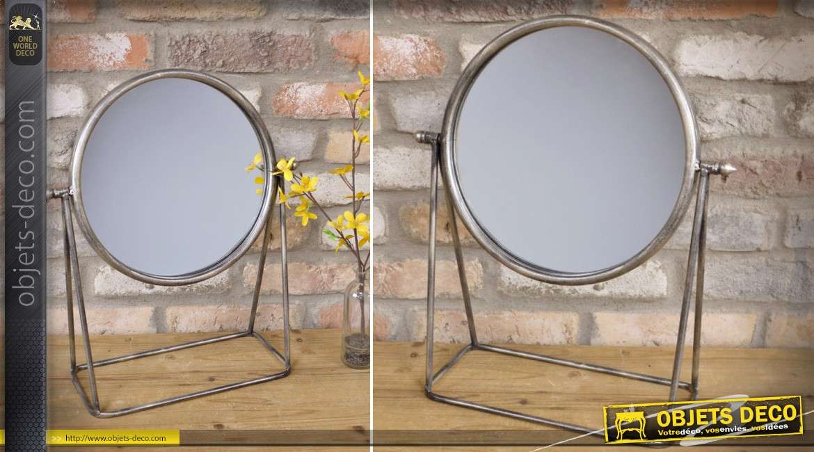 Grand miroir de table rond sur trépied finition argentée vieillie 47 cm