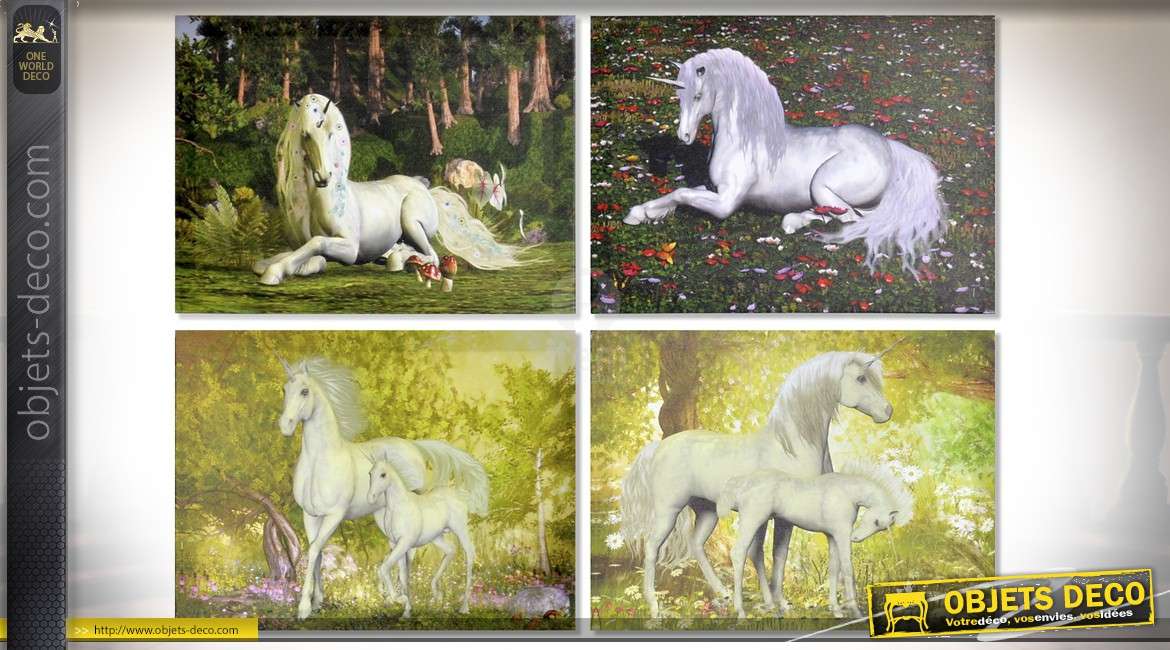 Série de 4 tableaux sur toile sur le thème des licornes 40 x 30 cm