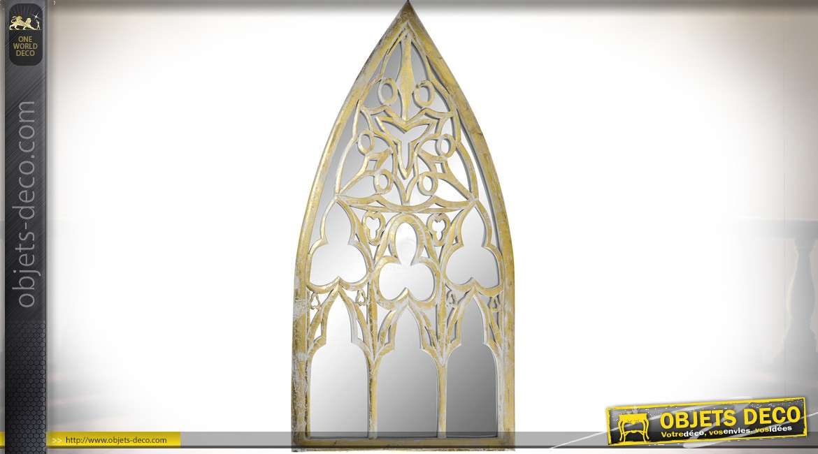 Miroir mural en bois inspiration style gothique patine dorée vieillie 120 cm