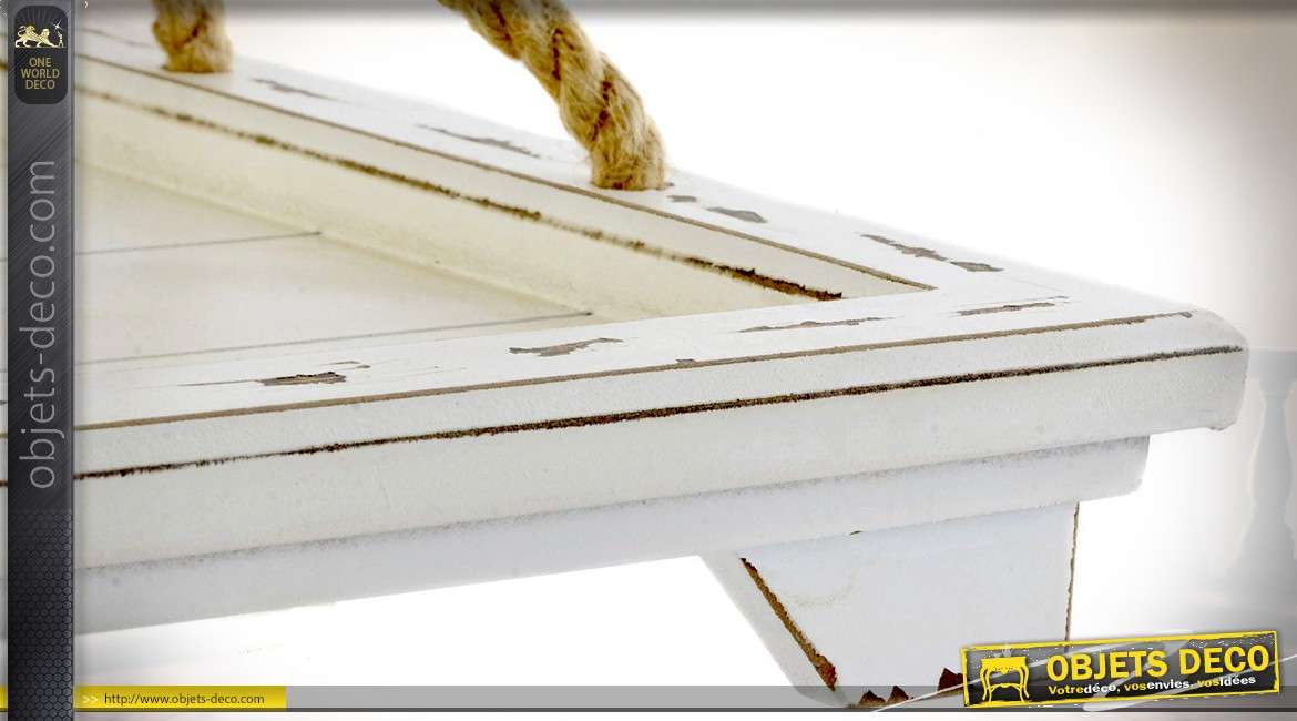 Plateau blanc en bois et cordage pour service ou décoration 37 x 27 cm
