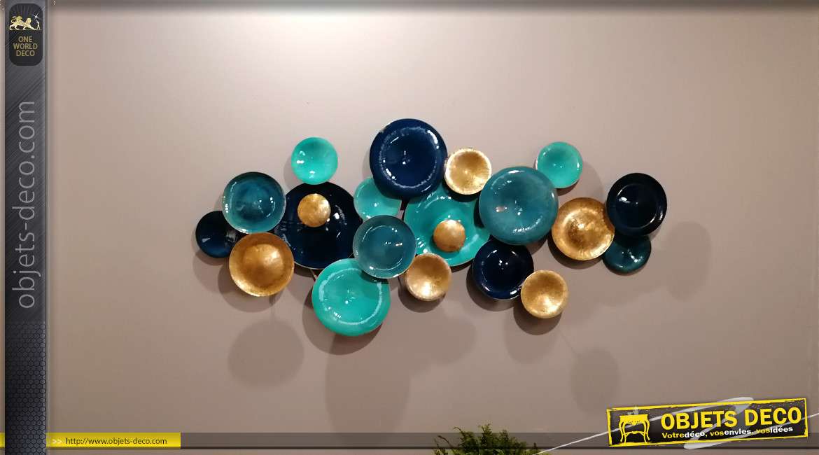 Grande décoration murale abstraite cercles métal tonalités de bleus et doré 146 cm