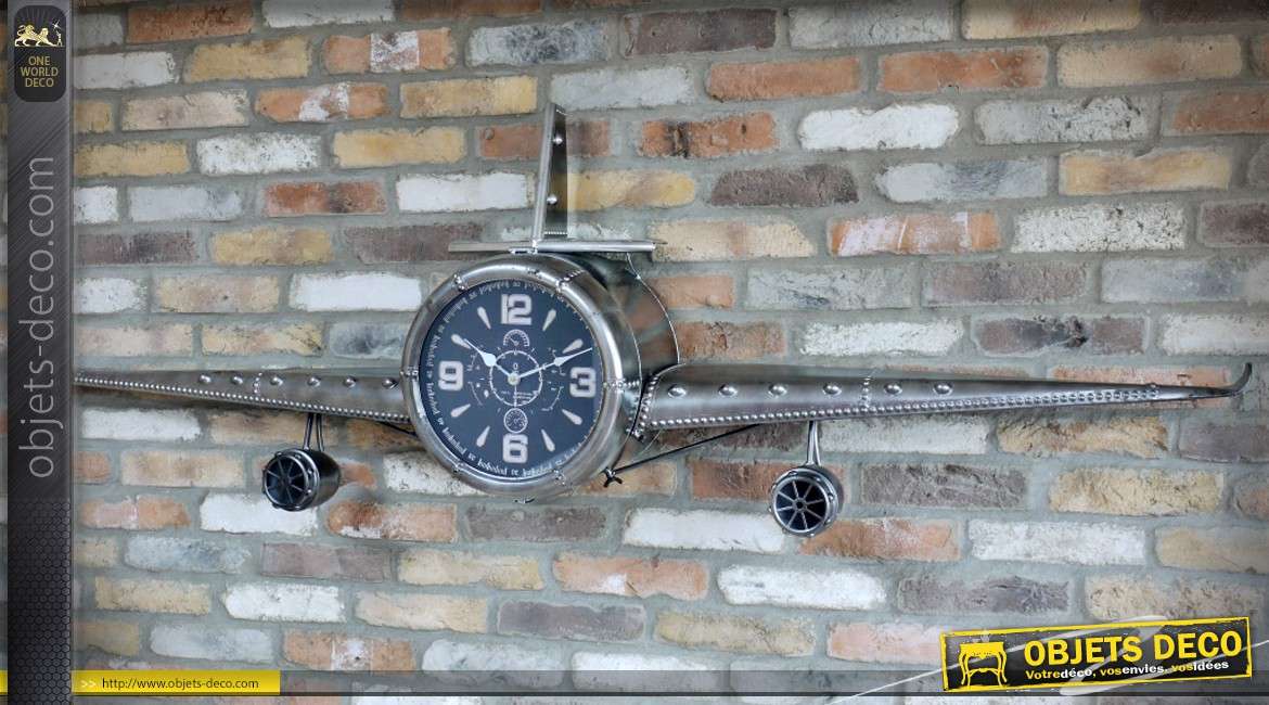 Horloge avion argenté effet métal vieilli (envergure 2 mètres)