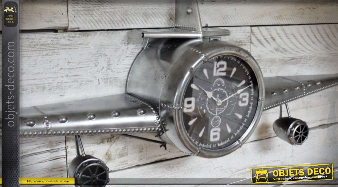 Horloge avion argenté effet métal vieilli (envergure 2 mètres)