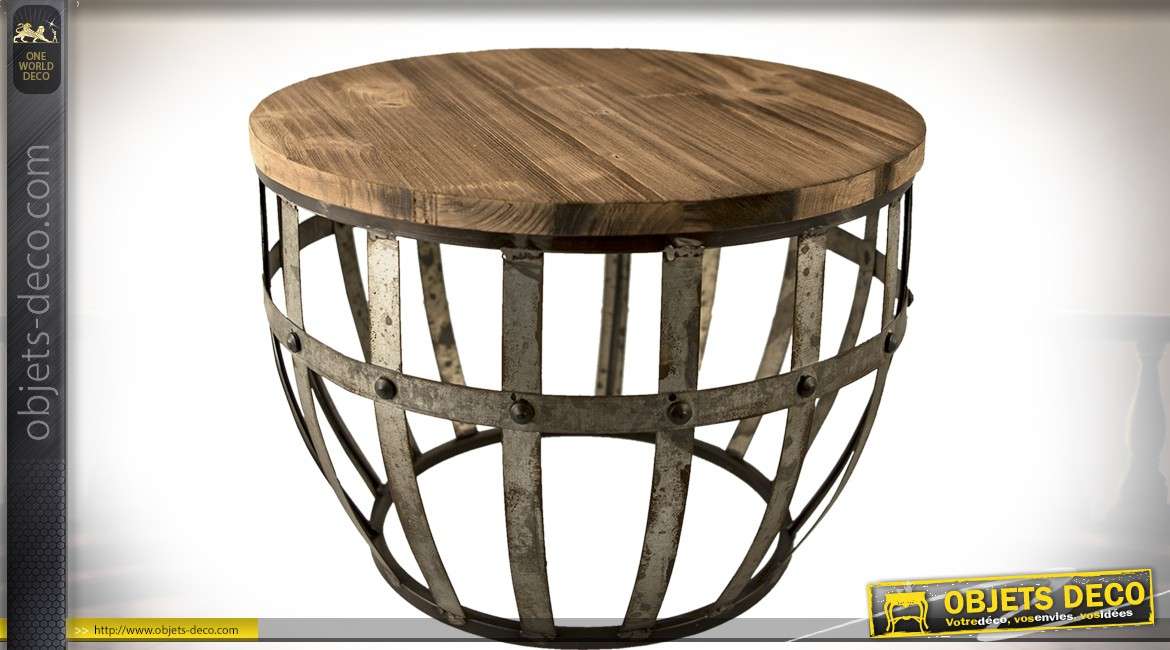 Table bout de canapé en bois ancien et métal vieilli Ø 45 cm