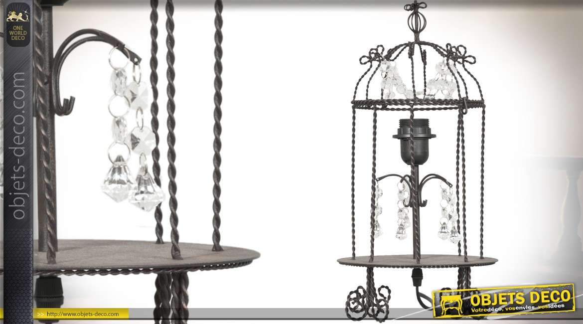 Lampe de table à pampilles en métal forme cage à oiseaux rétro 41 cm