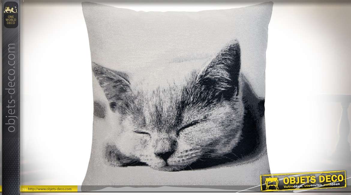Grande housse de coussin 60x60 cm illustration noir et blanc thème chats