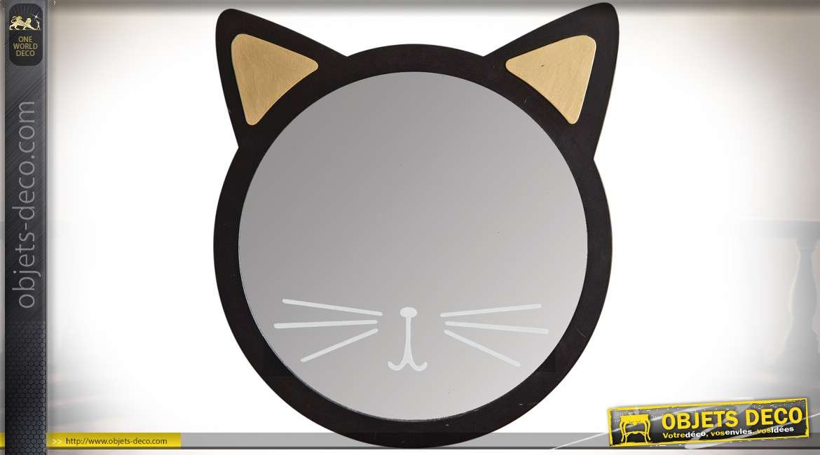 Miroir tête de chat avec encadrement en bois peint noir et or 41 cm