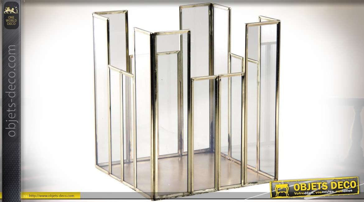 Bougeoir carré pour photophore en verre et laiton de style design 22 cm
