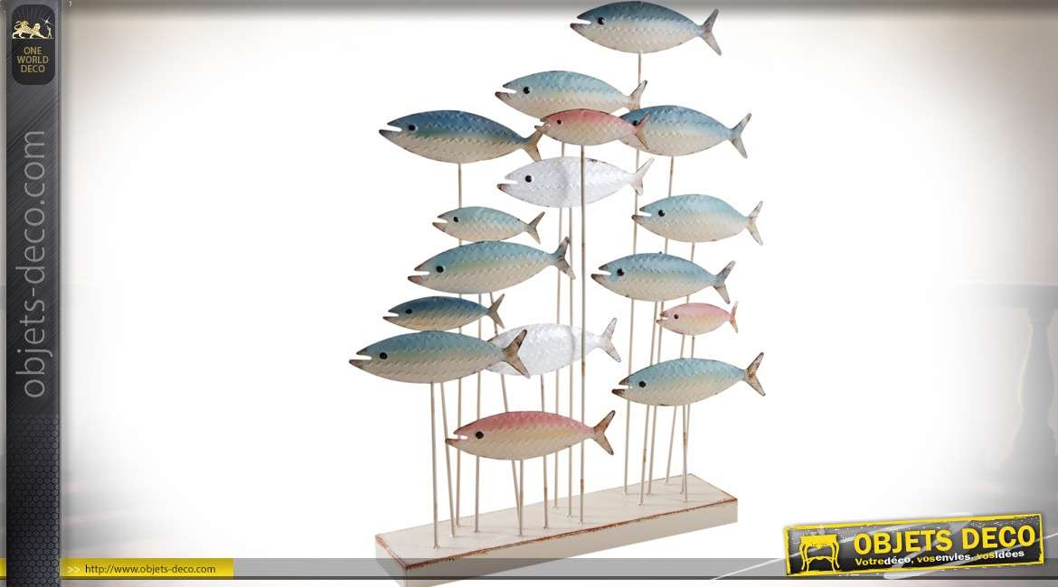 Déco banc de poissons en métal laqué sur socle en bois 68 cm