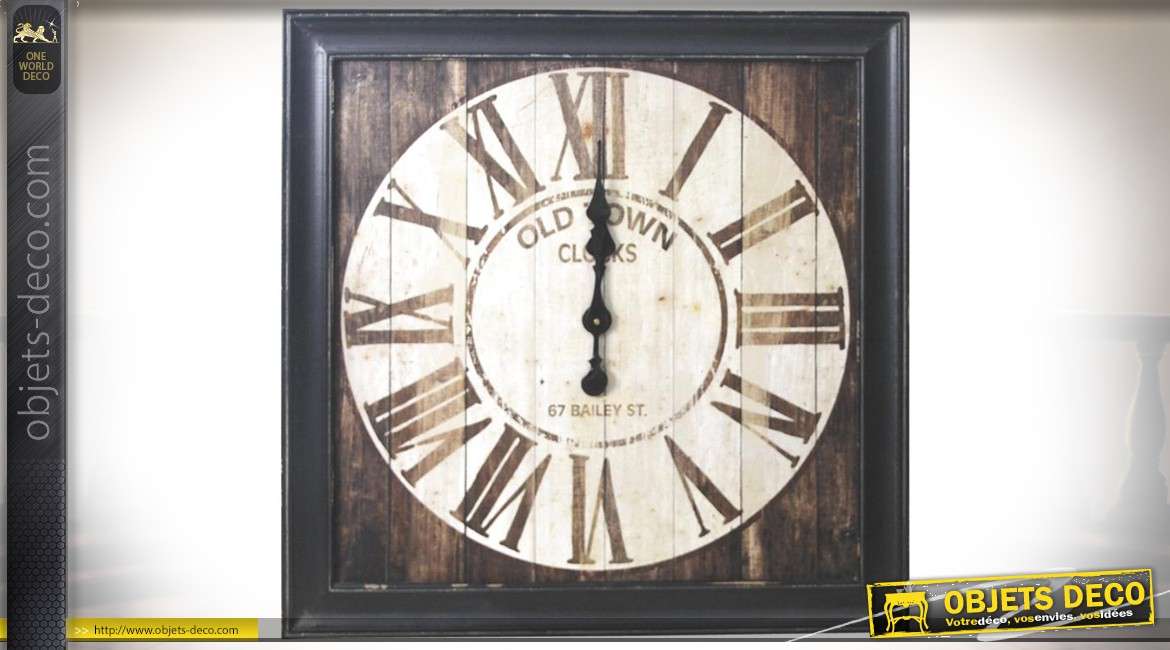 Horloge rétro en bois vieilli à encadrement carré 72 cm