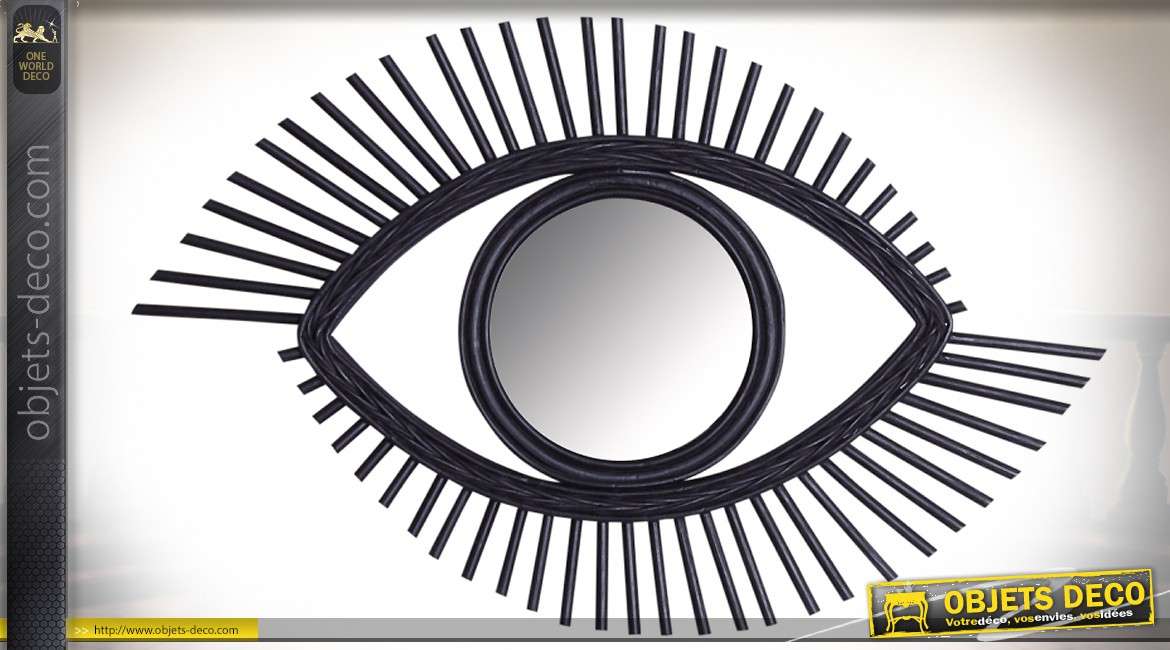 Miroir oeil en rotin noir style rétro 70 cm