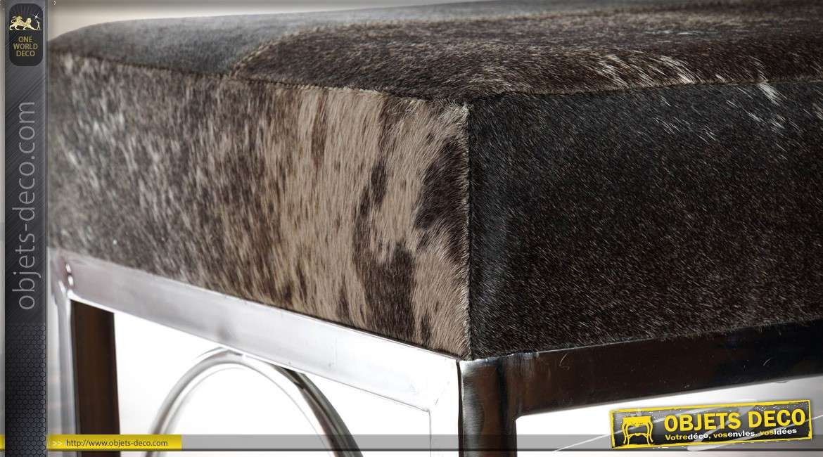 Bout de lit design métal chromé et peau de vache naturelle marron foncé 122 cm