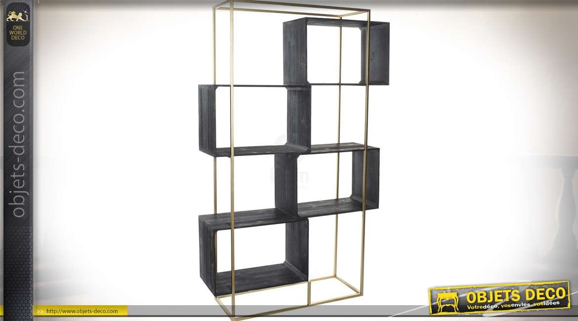 Etagère design en bois et métal finition noir et doré vermeil 184 cm