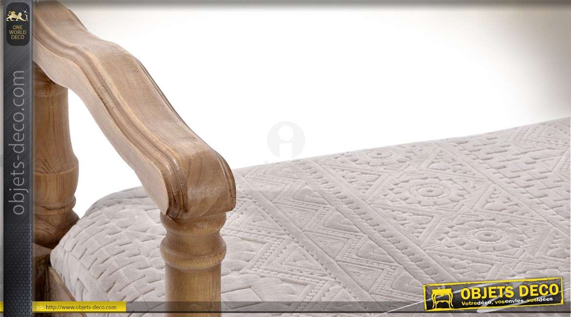 Banquette bout de lit de style rétro en bois sculpté assise en tissu gris clair 119 cm