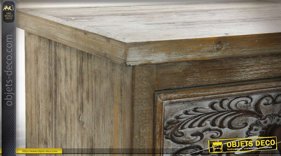 Chiffonnier rustique en sapin à 5 tiroirs avec façades sculptées 106 cm