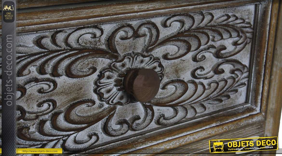 Chiffonnier rustique en sapin à 5 tiroirs avec façades sculptées 106 cm