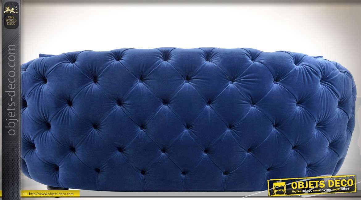 Canapé velours bleu capitonné luxueux avec dossier en demi-lune 213 cm