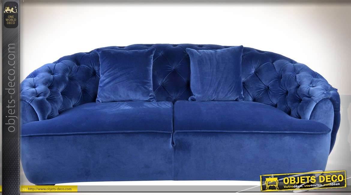 Canapé velours bleu capitonné luxueux avec dossier en demi-lune 213 cm