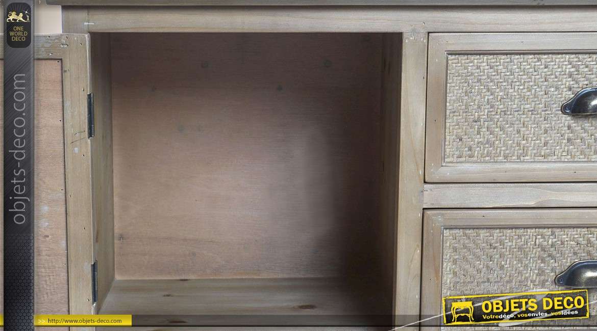 Meuble TV rustique bois oxydé avec façade effet vannerie 130 cm