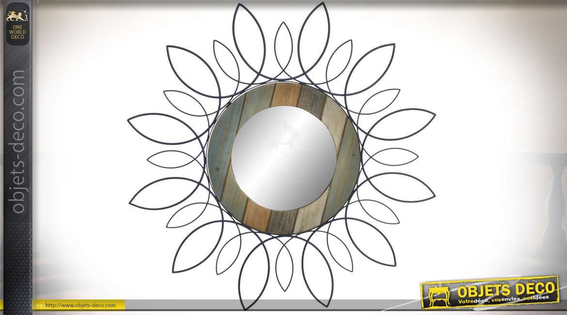 Miroir rond en bois et métal avec encadrement effet floral stylisé Ø 81 cm