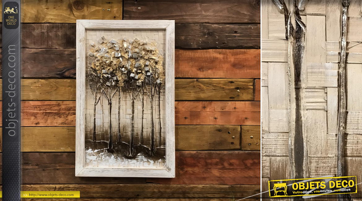 Cadre sur bois en relief avec arbres dorés et argentés 60 cm