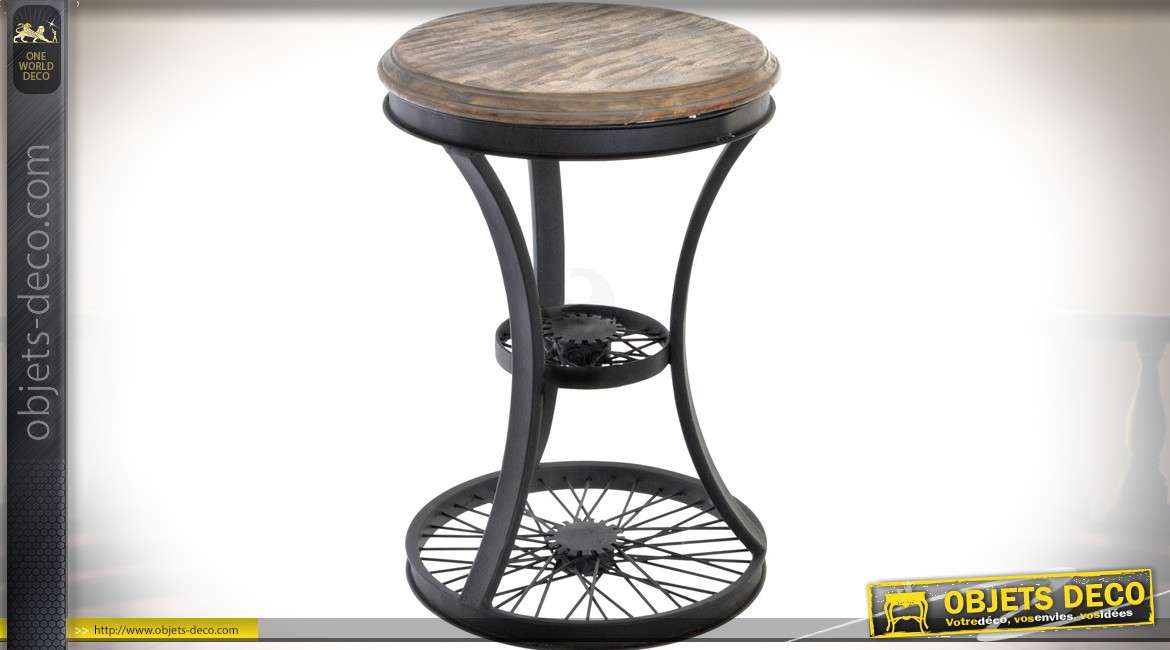 Tabouret de style industriel en bois et métal jante de vélo 47 cm