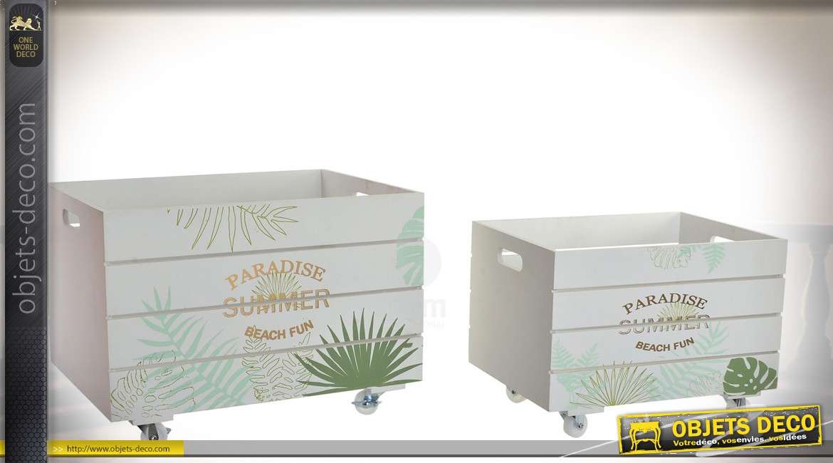 Série de deux caisses en bois coloris blanc avec roulettes 50 cm