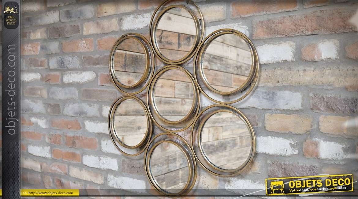 Miroir multifacettes avec 7 miroirs ronds secondaires métal doré vieilli Ø 70 cm