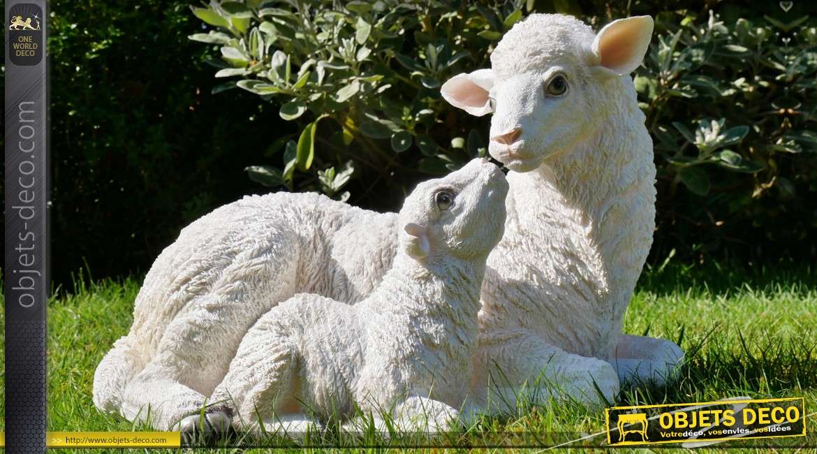 Statuette animalière : brebis et agneau 38 cm